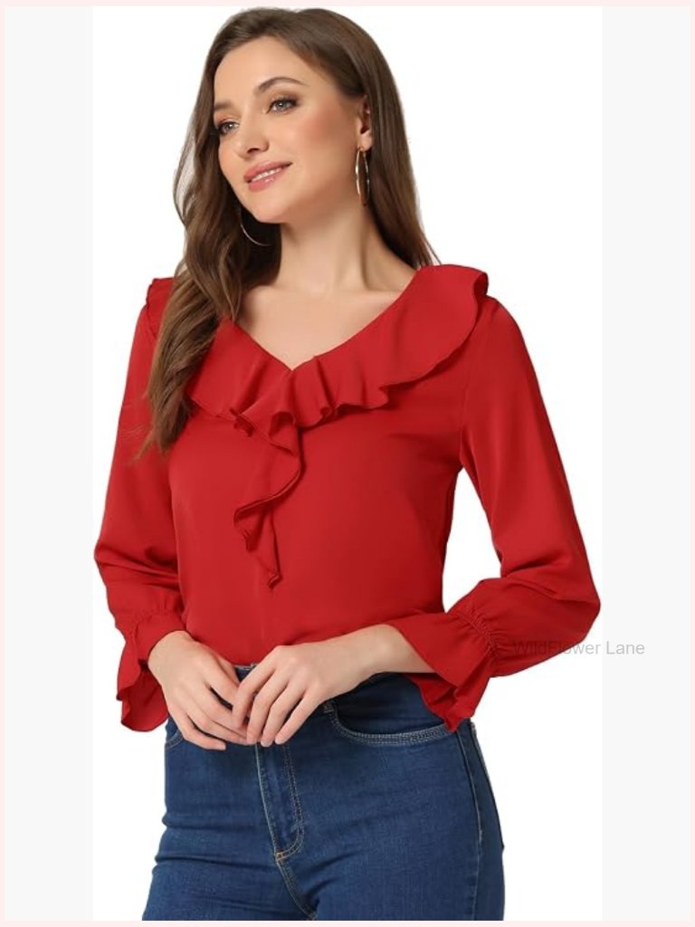 V-Neck Ruffle Blouse With Long Sleeves For Work Or Casual